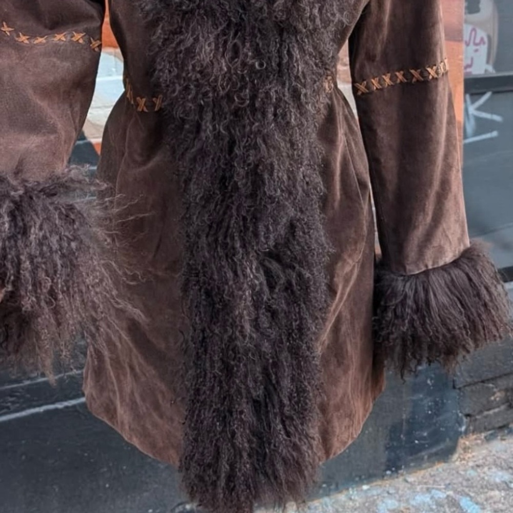 Y2K Genuine Suede Leather Chocolate Brown long Coat with suede stitch Lamb Fur - Picture 10 of 11